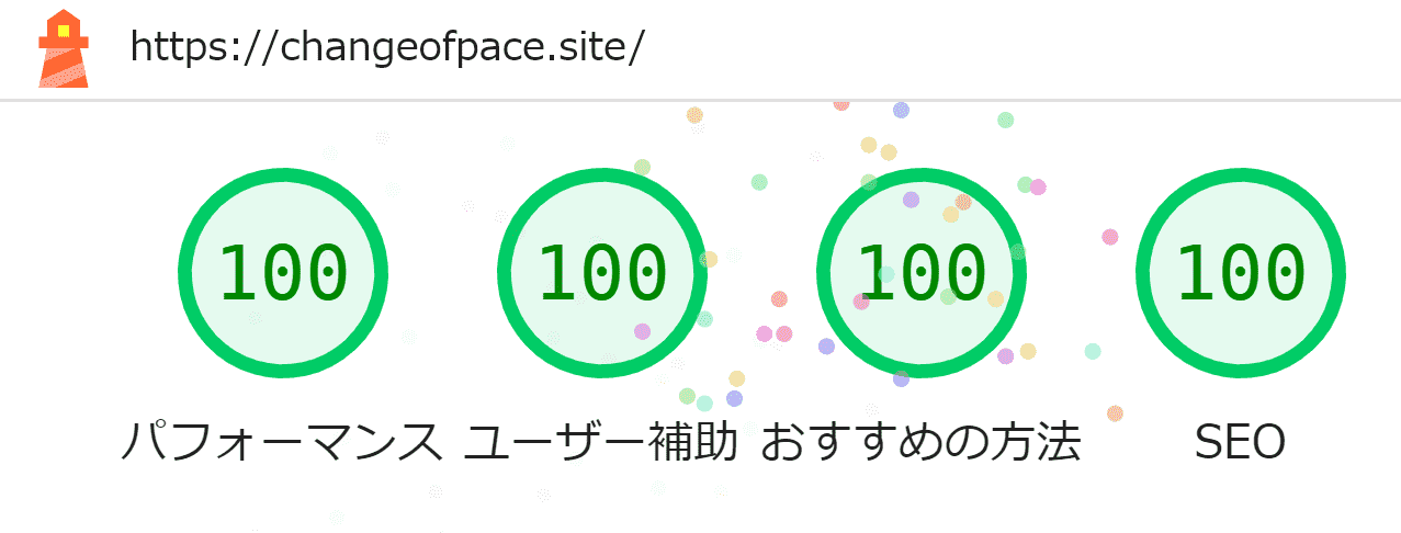 リプレース後のトップページ・デスクトップスコア - パフォーマンス：100, ユーザー補助：100, おすすめの方法：100, SEO：100